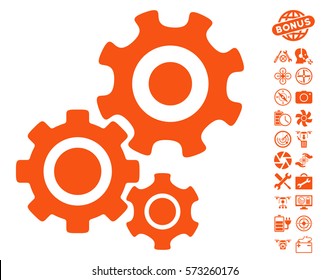 Gear Mechanism icon with bonus quad copter service pictograph collection. Vector illustration style is flat iconic symbols on white background.