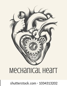 Gear mechanism inside human heart drawn in steam punk style on a white background. Vector illustration.