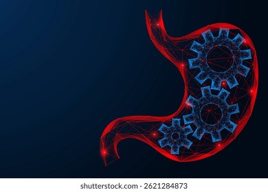 A gear mechanism inside the stomach. The system of food digestion. Polygonal design of interconnected lines and dots.