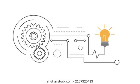 Gear Mechanism Lighting up Bulb Enlightenment and Idea Generation Concept Line Art