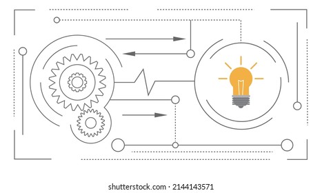 Gear Mechanism Lighting up Bulb Enlightenment Concept Line Art 1. Technology and idea generation concept vector
