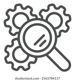 Gear mechanism with magnifier line icon, repair service concept. Vector graphics. Magnifying glass and cogwheels sign on white background, outline style icon for mobile or web design