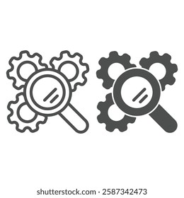 Gear mechanism with magnifier line and solid icon, repair service concept. Vector graphics. Magnifying glass and cogwheels sign on white background, outline style icon for mobile or web design