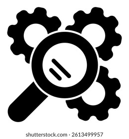 Gear mechanism with magnifier solid icon, repair service concept. Vector graphics. Magnifying glass and cogwheels sign on white background, glyph style mobile or design