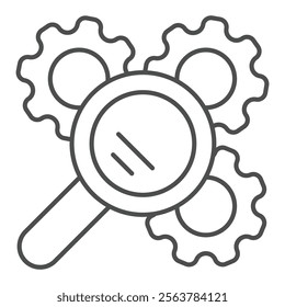 Gear mechanism with magnifier thin line icon, repair service concept. Vector graphics. Magnifying glass and cogwheels sign on white background, outline style icon for mobile or web design