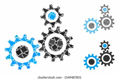 Gear mechanism mosaic of humpy elements in different sizes and color tones, based on gear mechanism icon. Vector inequal elements are united into collage.