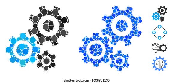 Gear mechanism mosaic of round dots in variable sizes and shades, based on gear mechanism icon. Vector round dots are united into blue mosaic. Dotted gear mechanism icon in usual and blue versions.