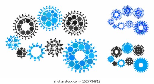 Gear mechanism mosaic of small circles in various sizes and shades, based on gear mechanism icon. Vector small circles are organized into blue composition.