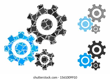 Gear mechanism mosaic of tuberous elements in various sizes and color tinges, based on gear mechanism icon. Vector tuberous elements are grouped into mosaic.