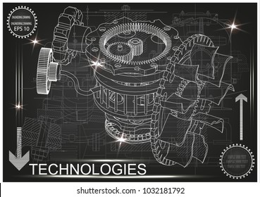 gear mechanism on black background, vector image