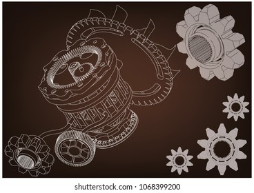 gear mechanism on brown background, vector image