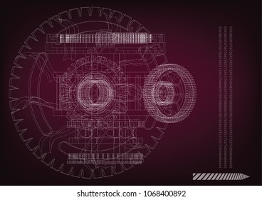 gear mechanism on burgundy background, vector image