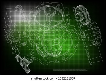 gear mechanism on green background, vector image