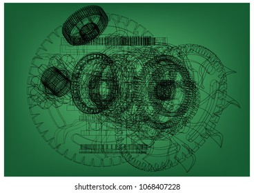 gear mechanism on green background, vector image