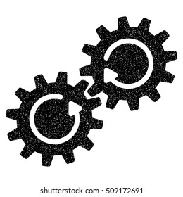 Gear Mechanism Rotation grainy textured icon for overlay watermark stamps. Flat symbol with scratched texture. Dotted vector black ink rubber seal stamp with grunge design on a white background.
