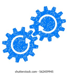 Gear Mechanism Rotation grainy textured icon for overlay watermark stamps. Flat symbol with unclean texture. Dotted vector blue ink rubber seal stamp with grunge design on a white background.