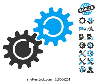 Gear Mechanism Rotation icon with bonus tools design elements. Vector illustration style is flat iconic blue and gray symbols on white background.