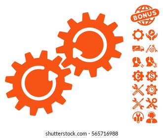 Gear Mechanism Rotation icon with bonus options icon set. Vector illustration style is flat iconic orange symbols on white background.