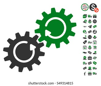 Gear Mechanism Rotation icon with free bonus pictograph collection. Vector illustration style is flat iconic symbols, green and gray colors, white background.