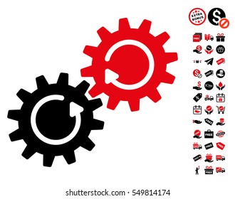Gear Mechanism Rotation icon with free bonus pictograms. Vector illustration style is flat iconic symbols, intensive red and black colors, white background.