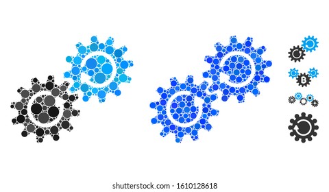Gear mechanism rotation mosaic of spheric dots in different sizes and color hues, based on gear mechanism rotation icon. Vector dots are united into blue mosaic.
