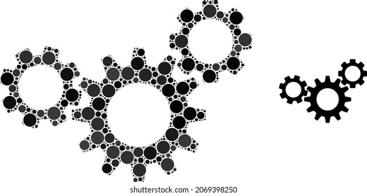 Gear Mechanism Vector Composition Of Round Dots In Variable Sizes And Color Tinges. Round Dots Are United Into Gear Mechanism Vector Composition. Abstract Vector Illustration.