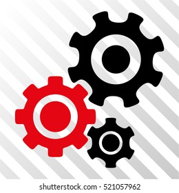Gear Mechanism vector pictogram. Illustration style is flat iconic bicolor intensive red and black symbol on a hatch transparent background.