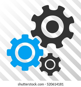 Gear Mechanism vector pictograph. Illustration style is flat iconic bicolor blue and gray symbol on a hatched transparent background.