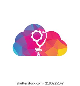 Vector de diseño de plantillas de logotipo para el concepto de nube médica de engranajes. Vector de iconos del mecanismo del volante de estetioscopio.