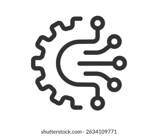 Engrenagem atende a tecnologia. Ícone de linha simples simbolizando automação, inteligência artificial, aprendizagem automática ou transformação digital. Útil para sites, aplicativos, apresentações.