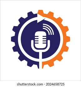 Gear with microphone in the middle, simple flat design.