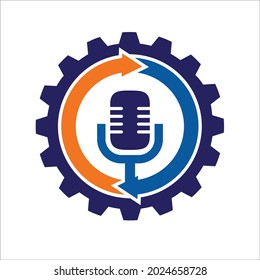 Gear with microphone in the middle, simple flat design.