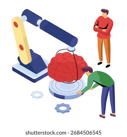 Engranaje con la mente, ilustración de diseño isométrico del desarrollo del cerebro