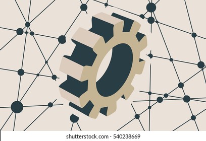 Gear model on blue background. Precision machinery relative backdrop. Molecule And Communication Background. Vector brochure or report design template. Connected lines with dots.