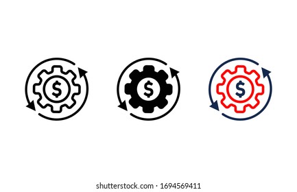 Gear with money, or a dollar bill icon set in modern colour design concept on isolated white background. EPS 10 vector.