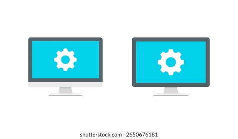 Gear monitor icon in flat style. Computer settings and system configuration concept