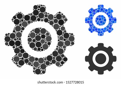 Gear mosaic of filled circles in various sizes and color hues, based on gear icon. Vector small circles are composed into blue mosaic. Dotted gear icon in usual and blue versions.