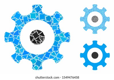 Gear mosaic of humpy elements in various sizes and color tints, based on gear icon. Vector abrupt elements are composed into mosaic. Gear icons collage with dotted pattern.