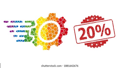 Gear mosaic icon of spheric blots in various sizes and LGBT colored shades, and 20 percent grunge rosette stamp. A dotted LGBT-colored Gear for lesbians, gays, transgenders, and bisexuals.