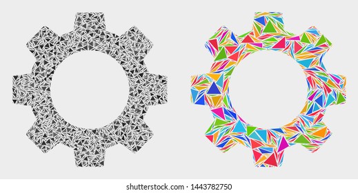Gear mosaic icon of triangle elements which have various sizes and shapes and colors. Geometric abstract vector illustration of gear.