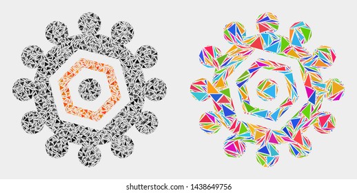 Gear mosaic icon of triangle items which have different sizes and shapes and colors. Geometric abstract vector illustration of gear.