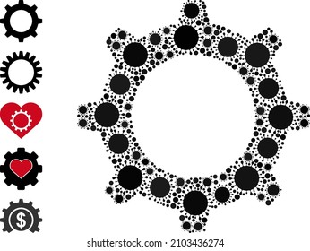 Icono de mosaico de engranajes. El mosaico vectorial se realiza a partir de elementos de bacila aleatorizados. Icono del engranaje de collage de Bacilla e iconos similares. Mosaico de engranajes para plantillas epidémicas.