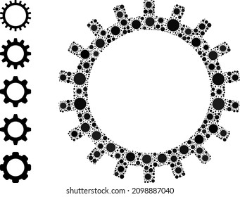 Gear mosaic icon. Vector mosaic formed of scattered Covid-2019 elements. Covid-2019 mosaic gear icon, and other icons. Gear mosaic for breakout images.