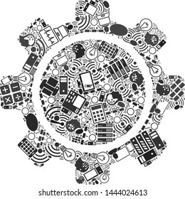 Gear mosaic organized for bigdata purposes. Vector gear mosaics are organized from computer, calculator, connections, wi-fi, network symbols into abstract bundle.