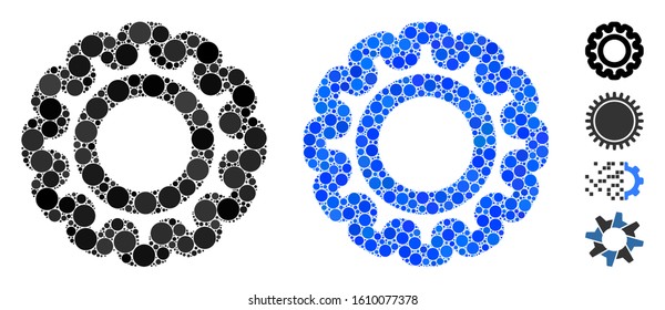 Gear mosaic of round dots in variable sizes and color tones, based on gear icon. Vector round dots are combined into blue illustration. Dotted gear icon in usual and blue versions.