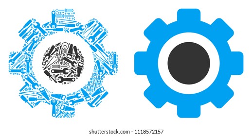 Gear mosaic of service tools. Vector gear icon is composed of cogwheels, spanners and other technical items. Concept of technical service.