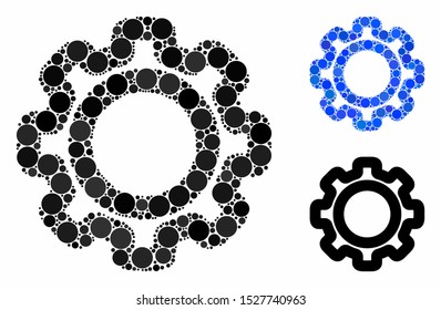 Gear mosaic of spheric dots in different sizes and color tints, based on gear icon. Vector round dots are organized into blue mosaic. Dotted gear icon in usual and blue versions.