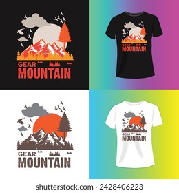 Gear Mountain typography graphics for slogan tee shirt with sun and stripes.