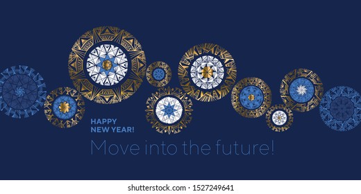 Gear movement idea snowflakes header composition. Luxury marine blue elegant winter snow flakes for card, header, invitation, poster, social. Christmas abstract baubles elegant geometric header.