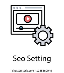 
Gear near a computer screen with webpage having play button, this icon is for seo settings
